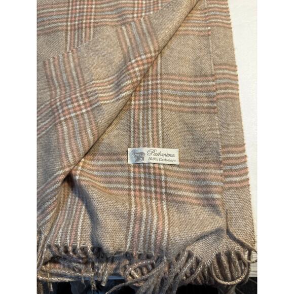 100% Cashmere Pashmina Plaid Wrap Oversized Scarf Taupe & Blush Check 72" x 29" - Picture 5 of 5